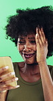Black woman, happy and dancing in studio with celebration, excited and movement on green background. African person, smile and dancer with rhythm, achievement and laugh for trendy fashion with goals
