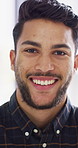 Man, face and happy at startup in office with confidence, pride and coworking with career at company. Person, smile and portrait at workplace, professional and project management at creative agency