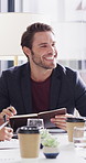 Team, meeting and happy man with notebook, discussion and plan for financial development with report. Business people, smile and collaboration with documents, conversation and investment opportunity
