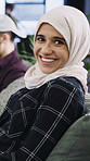 Face, business and woman with smile in office for career pride, about us and journalist. Laughing, muslim and female person with portrait, copywriter consultant and coworking at advertising agency