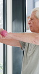 Physiotherapist, dumbbells and senior man exercise, fitness or woman with tablet for muscle recovery. Physical therapy, clinic and elderly patient weightlifting for health, strength or help with tech
