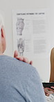 Physiotherapist, tablet or old man in clinic with consultation, advice or discussion for shoulder pain. Senior person, injury and healthcare worker talk with patient wellness survey, tech or support.