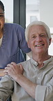 Elderly man, caregiver and face with wheelchair for support, comfort or trust in retirement home. Smile, nurse and person with a disability for portrait, rehabilitation and senior care in house