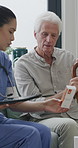 Woman, nurse and tablet with elderly patient on sofa for medical diagnosis or medication in home. Female person, caregiver and monitoring results with technology or senior client for prescription