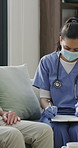Clipboard, mask and thermometer with nurse and elderly man in home with notes and checkup. Appointment, ppe or writing temperature with caregiver and senior patient in apartment for medical diagnosis