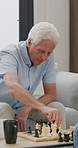Chess, woman and senior father in home, play board game and strategic thinking for mental challenge. Handshake, problem solving and people with match for bonding, frustration and happy for checkmate
