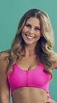 Face, woman and aerobics in studio with retro fashion, smile and pink outfit for cardio training. Happy, active female person and vintage style for fitness, exercise and workout on green background.