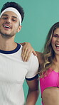 Happy, face and couple aerobics in studio for exercise, fitness or retro fashion on green background. Dance, fun and cool people moving with energy for music, workout and cardio for wellness in style