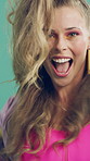Aerobics, face and woman in studio for fun exercise, fitness or retro fashion on green background. Excited, dance and person moving with energy for music, workout or cardio for wellness in 80s style