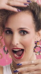 Face, fashion and woman in studio with accessories, colorful and funky style on pink background. Wow, excited and dance with cool person for jewelry, rings and cosmetics with happiness and 80s look