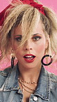 Face, fashion and woman dance in studio with accessories, edgy and funky style on pink background. Creative, stylish and cool dancer or person for retro jewelry, necklace and makeup for 80s aesthetic