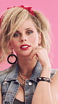 Face, fashion and woman in studio with retro, cool and funky style on pink background. Stylish, outfit and confident person in punk rock jewelry, hair and makeup with clothes for 80s aesthetic