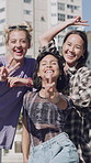 Fashion, face or friends in town with fun, trendy style or confidence in gen z aesthetic. Smile, playful or people in city with peace sign, modern appearance or urban clothing in Los Angeles.