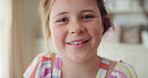 Happy, relax and face of child in home with confidence for calm, peaceful and break on weekend. Smile, positive attitude and portrait of girl kid in living room with pride for development at house.