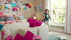 Dancing, crazy and child in bedroom with rhythm, freedom or practice for performance with music. Groove, creative and girl kid moving to playlist on weekend with growth, fun and development in house.
