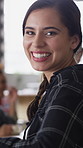 Happy, laugh and face of woman in coffee shop with tech for connection, break and relax in cafe. Restaurant, customer and portrait of person with confidence, smile and cellphone for online chat