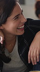 Happy, talking and couple in coffee shop laugh for funny joke, conversation and bonding. Dating, love and woman with man in restaurant for chat, humor and discussion for relationship together in cafe