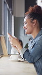 Happy, phone and woman with drink in coffee shop for social media, online chat and networking. Window, restaurant and portrait of person on cellphone for message, text and contact with beverage