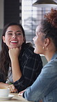 Women, friends and talking with smile at cafe for discussion, gathering and bonding together. Happy, people and laughing with coffee, funny conversation and listening to gossip for weekend reunion