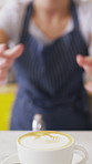 Hospitality, cup and barista in coffee shop with face, giving drink or friendly service at bistro. Happy, portrait or woman with in cafe warm beverage, latte handover and order pickup in restaurant.