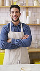Happy man, face or barista with confidence in cafe for coffee, latte or cappuccino. Portrait, male person or espresso artist with smile or arms crossed for caffeine cup, drink or beverage service