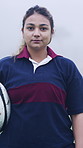 Face, rugby and woman at pitch for sports, game training and confidence for wellness on field. Portrait, proud player and athlete with ball outdoor for exercise, health and dedication with fitness