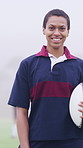 Face, rugby and happy woman outdoor for sports, game training and confidence for wellness on pitch. Portrait, proud player and athlete with ball at field for exercise, practice and smile with fitness