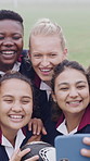 Selfie, team and people with rugby ball on field, social media post and laughing for practice picture. Outdoor, players and happy women with photography for match memory, bonding and sports training