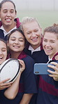 Selfie, rugby team and people with ball on field, social media post and laughing for practice picture. Outdoor, players and happy women with photography for match memory, bonding and sports training