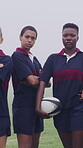 Rugby, face and women team on field for training, tournament or match with sports game. Confident, motivated and strong group with ready for outdoor practice, workout and unity for competition