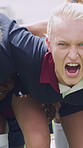 Rugby, scrum and shouting with girls outdoor on field for competition, game or tournament. Fierce, fitness and yelling with sports team training together for aggression, effort or practice session