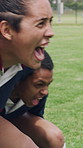 Rugby, scrum and yelling with girls outdoor on field for competition, game or tournament. Fierce, fitness and shouting with sports team training together for aggression, effort or practice session