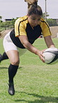 Ball, dive and scoring try with girl on rugby field for competition, effort or tournament. Fitness, game and sports event with player in match for action, health or training session in summer