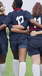 Rugby, back and women team on field with support for tournament, game or match. Hug, together and walking of group for outdoor practice, solidarity and unity for competition in sports uniform