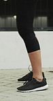 Outdoor, legs and workout for fitness, jump or person with footwear for physical activity and health. Athlete, training and exercise routine for wellness at house, feet and active with sneakers