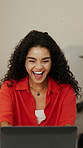Laptop, excited and woman with celebration in creative agency, promotion email and proposal success. Achievement, winning and happy employee with computer for feedback, bonus and project approval