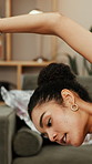Woman, stretching and yoga with gate pose for fitness, spiritual healing and holistic balance. Female person, warm up and cobra posture for inner peace, flexibility technique and self care at house