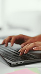 Typing, hands or person with laptop in agency, writing proposal objective or research for action plan. Task scope, timeline and project manager with pc for execution outline, editing draft and space