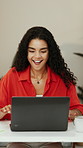 Reading, excited and woman with laptop in creative agency, promotion celebration and proposal success. Achievement, winning and happy employee with computer for feedback, bonus and project approval