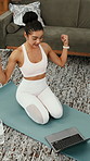 Laptop, yoga or woman with video call, fitness lesson and flex muscle for wellness update at home. Virtual chat, yogi or happy person with computer for online class, strong at talk in pilates session