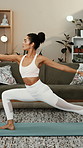 Woman, stretching and yoga with warrior pose for fitness, spiritual healing and holistic balance. Female person, warm up and yogi posture for inner peace, flexibility technique and self care at house