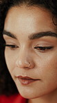 Face, reading and woman with creative idea, planning or inspiration for social media marketing. Marketer, reflection and person with thoughts for campaign, ads and thinking of trending topics