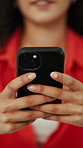 Woman, hands and typing with phone for social media update, website and search for online article. Female person, browsing and scroll with tech, text message response and mobile app for digital news.