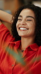 Laptop, woman and happy with stretching in office for media deadline, project completion or relief. PR specialist, person or relax at creative agency for finished campaign, submission or satisfaction