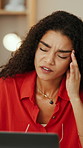 Woman, headache and remote work in home with laptop, marketing stress or wrong prescription for glasses. Person, computer and spectacles with blurry vision, migraine or crisis for advertising project