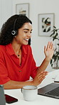 Woman, laptop and remote work in home with video call, wave and virtual assistant advice for help desk. Person, talk and administrator in house with computer, online meeting and greeting for contact.