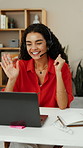 Woman, laptop and remote work in house with video call, wave and virtual assistant advice for help desk. Person, talk and administrator in home with computer, online meeting and greeting for contact.