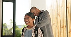 Backpack, doorway and girl laughing with dad in home, leaving together for school or work. Business, education or funny with single parent man and daughter getting ready at entrance to apartment