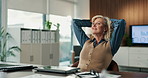 Laptop, relax and businesswoman in office with research for completed finance report with budget. Happy, happy and mature financial manager with hands on head for computer for finished proposal.