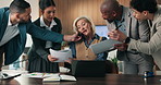 Multi tasking, documents and businesswoman in office with chaos for finance project with laptop. Heavy workload, phone call and mature female financial manager with colleagues for investment proposal